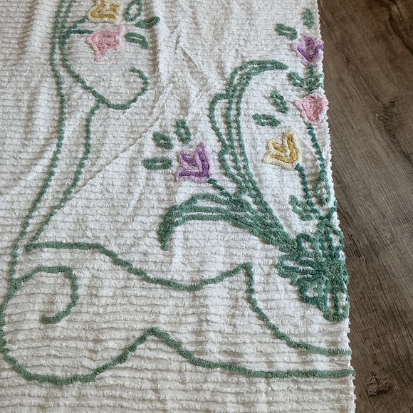 White Chenille Bedspread with Green Scrollwork and Pastel Floral Accents
